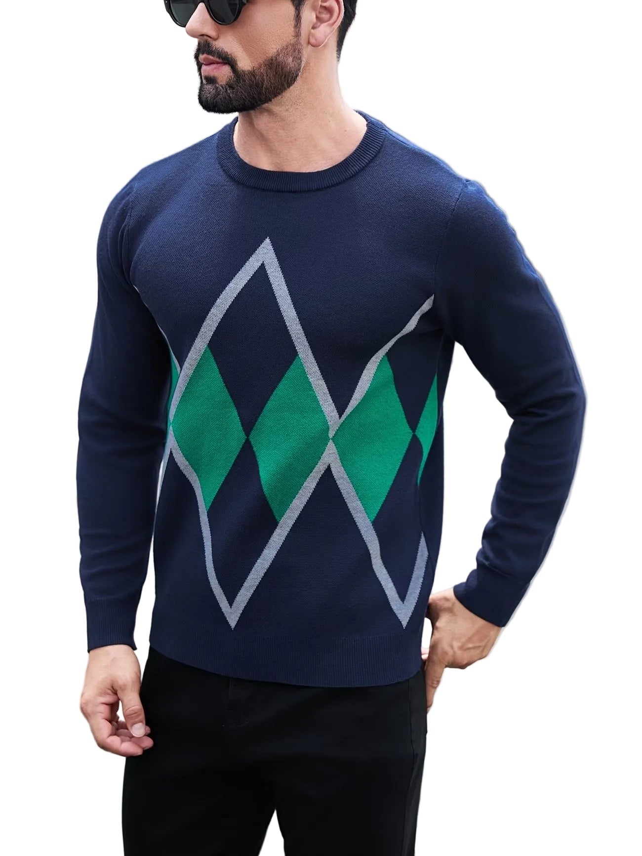 Men's Crew Neck Sweater with Geometric Pattern