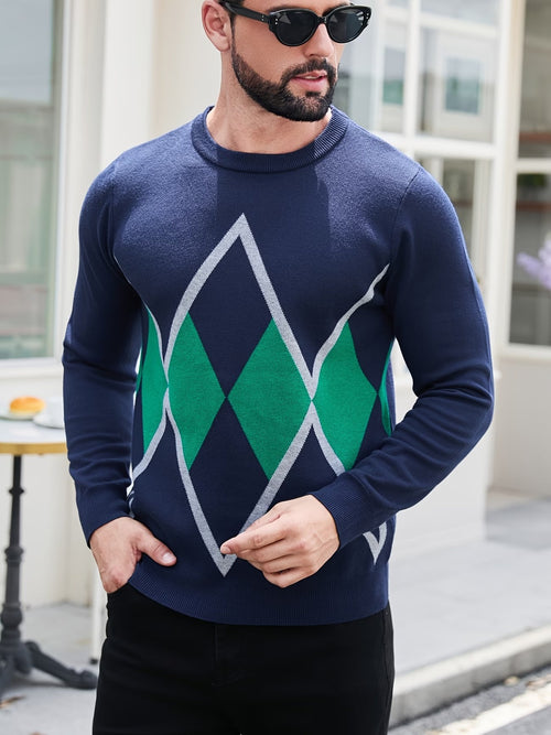 Men's Crew Neck Sweater with Geometric Pattern