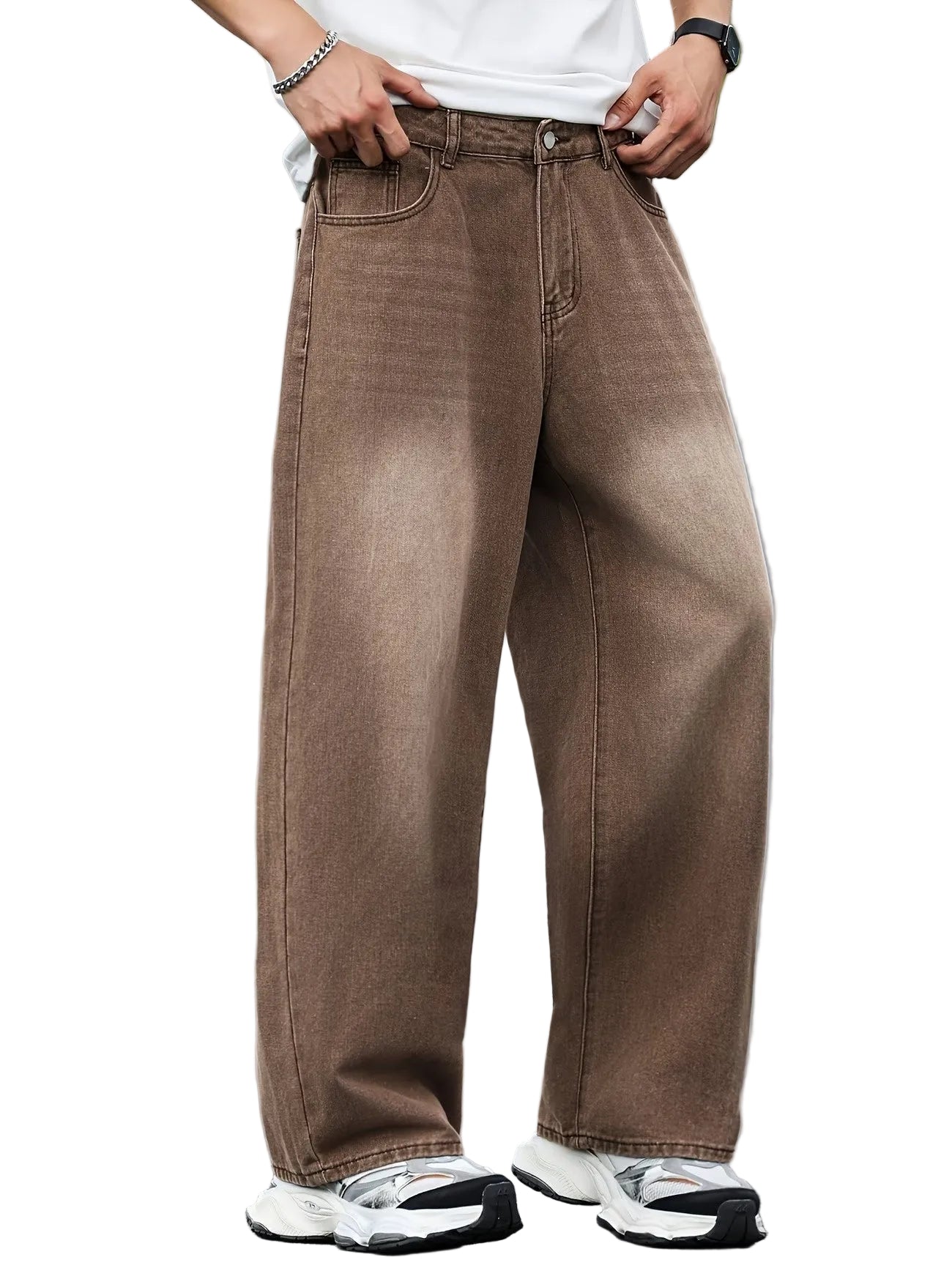 Men's Wide-Leg Jeans with Faded Wash Effect
