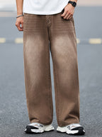 Men's Wide-Leg Jeans with Faded Wash Effect