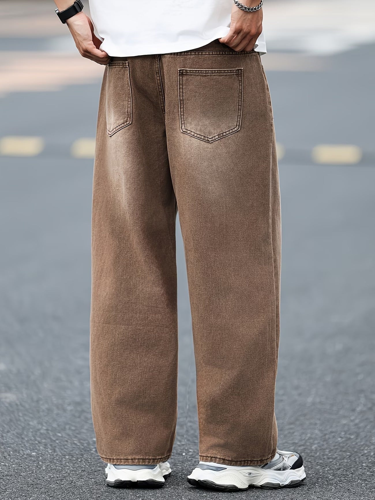 Men's Wide-Leg Jeans with Faded Wash Effect