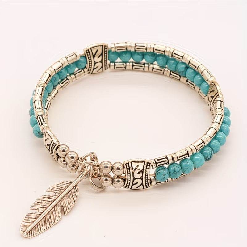 Women's Beaded Bracelet with Feather Charm