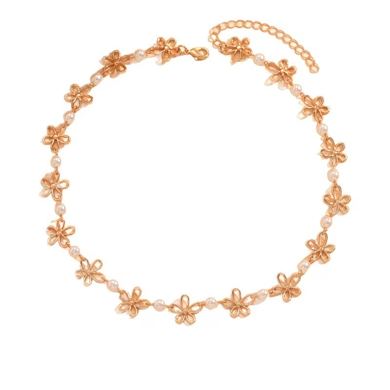 Women's Floral Motif Necklace with Faux Pearls