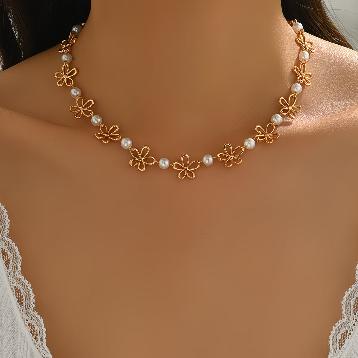 Women's Floral Motif Necklace with Faux Pearls