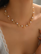 Women's Floral Motif Necklace with Faux Pearls
