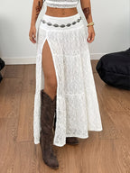 Women's Tiered Lace Maxi Skirt with Side Slit
