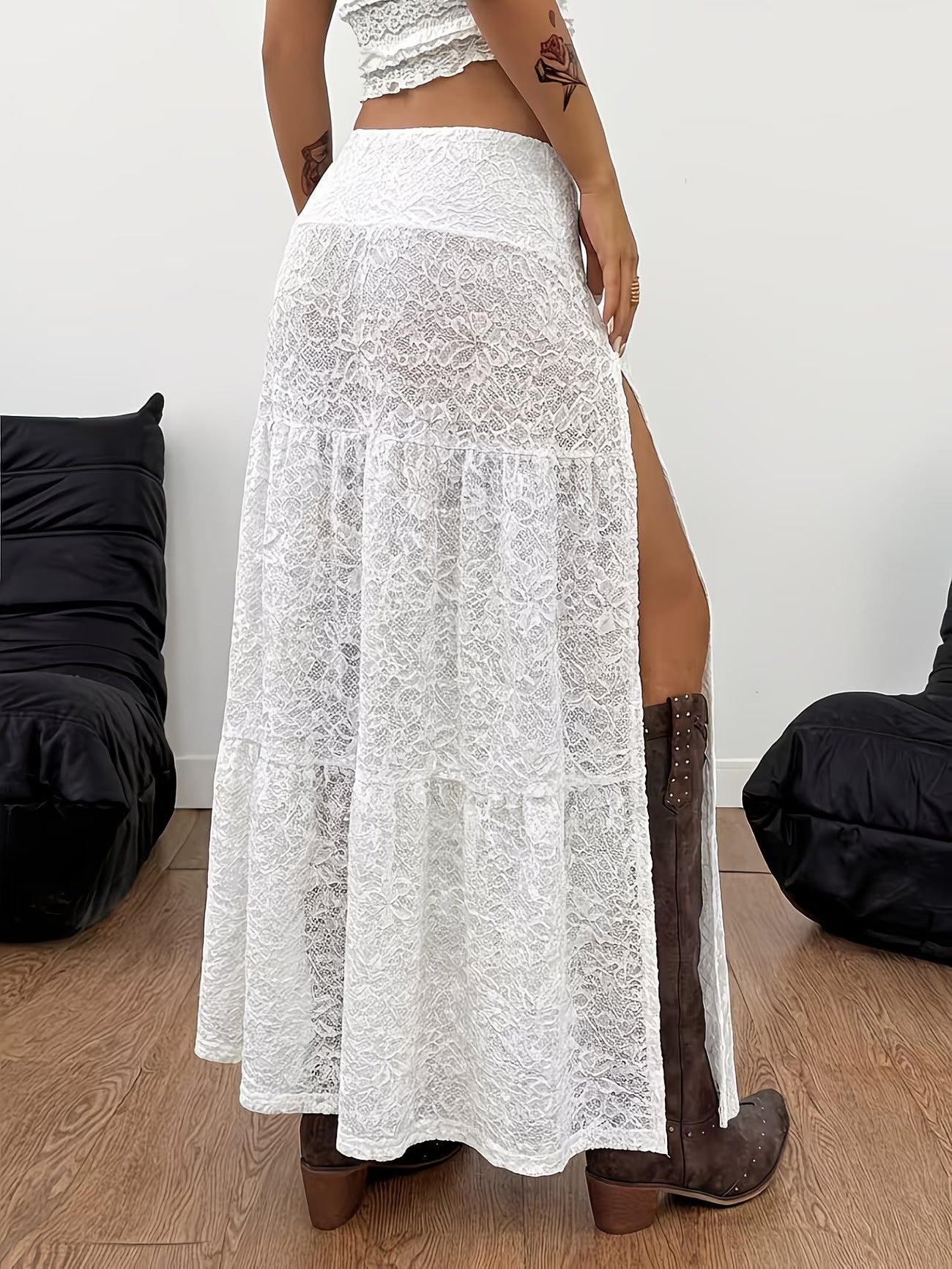 Women's Tiered Lace Maxi Skirt with Side Slit